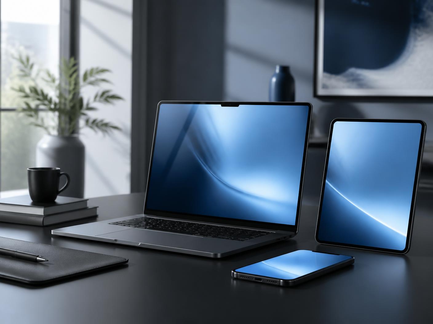 Devices arranged in a professional technical support workspace